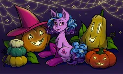 Size: 3000x1800 | Tagged: safe, artist:gigisarts, derpibooru import, izzy moonbow, pony, unicorn, g5, halloween, holiday, horn, image, jpeg, pumpkin, spider web, wallpaper