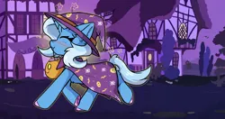 Size: 4096x2160 | Tagged: safe, artist:jubyskylines, derpibooru import, trixie, pony, unicorn, g4, blushing, candy, colored hooves, ear fluff, eyes closed, female, food, halloween, happy, holiday, hooves, horn, image, jack-o-lantern, mare, mouth hold, nightmare night, png, ponyville, pumpkin, smiling, solo