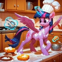 Size: 1536x1536 | Tagged: prompter needed, safe, ai content, derpibooru import, machine learning generated, twilight sparkle, twilight sparkle (alicorn), alicorn, pony, g4, chef's hat, cupboard, female, foam, full body, glow, glowing horn, hat, horn, image, indoors, kitchen, levitation, looking sideways, magic, mare, png, smiling, solo, sponge, spread wings, telekinesis, tiles, wings, wood