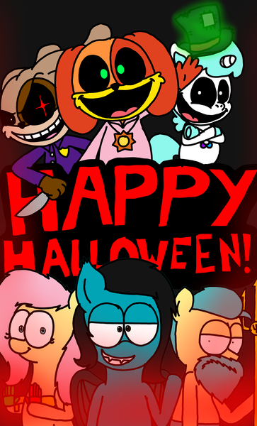 Size: 3023x5000 | Tagged: oc name needed, safe, artist:professorventurer, derpibooru import, fluttershy, hitch trailblazer, changeling, dog, pony, rabbit, unicorn, g5, animal, craftycorn, disguise, disguised changeling, dogday, grab pack, halloween, happy halloween, holiday, horn, image, nightmare critters, png, poppy playtime, red smoke, smiling critters, the haunted mansion