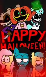 Size: 3023x5000 | Tagged: oc name needed, safe, artist:professorventurer, derpibooru import, fluttershy, hitch trailblazer, changeling, dog, pony, rabbit, unicorn, g5, animal, craftycorn, disguise, disguised changeling, dogday, grab pack, halloween, happy halloween, holiday, horn, image, nightmare critters, png, poppy playtime, red smoke, smiling critters, the haunted mansion