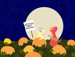 Size: 2848x2160 | Tagged: safe, anonymous artist, derpibooru import, big macintosh, fluttershy, earth pony, pegasus, pony, series:fm holidays, g4, alternate hairstyle, duo, female, fluttermac, full moon, halloween, high res, holiday, image, it's the great pumpkin charlie brown!, looking up, male, mare, moon, peanuts (comic), png, pointy ponies, pumpkin, shipping, short mane, sign, stallion, straight