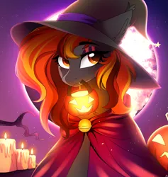 Size: 4087x4307 | Tagged: safe, artist:2pandita, derpibooru import, oc, oc:spirit harvest, hybrid, pegasus, pony, background, candle, cape, clothes, commission, ear fluff, fangs, female, halloween, hat, holiday, image, mare, moon, png, pumpkin, smiling, witch hat, ych result