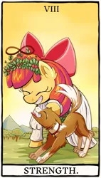 Size: 1700x3000 | Tagged: safe, artist:candy meow, derpibooru import, apple bloom, winona, dog, earth pony, pony, g4, apple, apple bloom's bow, apple tree, bow, clothes, collar, dress, duo, food, hair bow, happy, image, infinity symbol, mountain, petting, png, smiling, strength, tarot card, tree