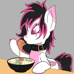 Size: 1500x1500 | Tagged: safe, artist:ruchiyoto, derpibooru import, oc, oc:lunylin, unofficial characters only, pegasus, pony, collar, colored belly, colored eartips, female, food, image, jpeg, mare, noodles, ramen, solo