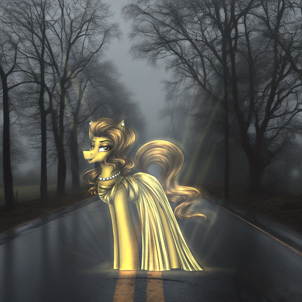 Size: 1024x1024 | Tagged: safe, artist:darklight1315, derpibooru import, oc, oc:q-be, unofficial characters only, earth pony, pony, fallout equestria, ai assisted background, clothes, dress, ear piercing, earring, fallout equestria: mayday, female, greek clothes, greek dress, grey sky, hologram, image, jewelry, makeup, mare, necklace, pearl earrings, pearl necklace, piercing, png, road, sky, solo, tree