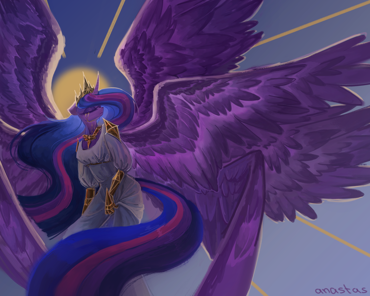 Size: 5000x4000 | Tagged: safe, artist:anastas, derpibooru import, twilight sparkle, twilight sparkle (alicorn), alicorn, anthro, seraph, seraphicorn, clothes, colored wings, crying, dress, eight wings, eyes closed, feathered wings, flowing mane, flowing tail, gloves, gradient background, gradient wings, horn, image, jewelry, large wings, multiple wings, older, older twilight, older twilight sparkle (alicorn), peytral, png, shoulder guard, solo, spread wings, tail, tears of sadness, tiara, wings