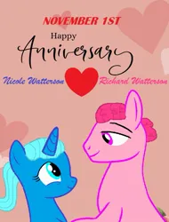 Size: 721x951 | Tagged: safe, artist:memeartboi, derpibooru import, ponified, earth pony, pony, unicorn, g4, anniversary, beautiful, buff, card, couple, duo, duo male and female, falling in love, female, happy anniversary, heart, holding hooves, horn, husband, husband and wife, image, jpeg, love, male, mare, muscles, nicole watterson, postcard, richard watterson, romance, romantic, shipping, stallion, the amazing world of gumball, unicorn horn, wedding anniversary, wife