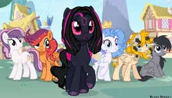 Size: 3569x2043 | Tagged: safe, artist:blackcherry, derpibooru import, oc, oc:blackberry, oc:blackcherry, oc:danzei animation jora, oc:starley, oc:sweetieck dreams, oc:tweek, unofficial characters only, earth pony, pegasus, pony, unicorn, g4, colored hooves, cute, eyelashes, female, filly, flower, foal, hooves, horn, image, mare, not sweetie belle, orange eyes, outdoors, png, smiling, tail, two toned mane, two toned tail, unicorn horn