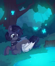 Size: 2029x2444 | Tagged: safe, artist:skysorbett, derpibooru import, oc, oc:lilac moonbranch, unofficial characters only, bat pony, butterfly, insect, bat pony oc, bat wings, collar, detailed background, forest, forest background, gray coat, image, lying down, nature, png, solo, tree, water, white wings, wings