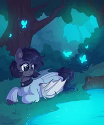 Size: 2029x2444 | Tagged: safe, artist:skysorbett, derpibooru import, oc, oc:lilac moonbranch, unofficial characters only, bat pony, butterfly, insect, pony, bat pony oc, bat wings, clothes, detailed background, female, forest, forest background, image, lying down, mare, png, purple mane, purple tail, solo, tail, tree, white wings, wings