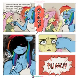 Size: 3000x3000 | Tagged: grimdark, artist:bloodymrr, derpibooru import, fluttershy, rainbow dash, anthro, pegasus, g4, abuse, alternate universe, clothes, comic, crying, domestic abuse, duo, duo female, female, floppy ears, flutterbuse, image, looking at you, multicolored hair, multicolored mane, pink hair, pink mane, png, punch, rainbow hair, scared, scolding, speech bubble, text, violence, yelling