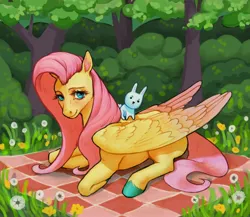 Size: 3342x2904 | Tagged: safe, artist:mrsklll, derpibooru import, angel bunny, fluttershy, pegasus, pony, rabbit, g4, :<, animal, colored hooves, female, high res, hooves, image, jpeg, looking at you, lying down, mare, picnic blanket, prone