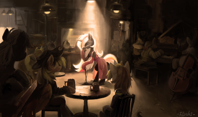 Size: 8000x4732 | Tagged: safe, alternate version, artist:flvski, derpibooru import, oc, oc:calamity, oc:littlepip, oc:velvet remedy, earth pony, pegasus, pony, unicorn, fallout equestria, bipedal, bow (instrument), cap, cello, cello bow, clothes, dress, female, gloves, guitar, hat, horn, image, jumpsuit, male, mare, microphone, mug, musical instrument, performance, piano, playing instrument, png, singing, sitting, stallion, vault suit