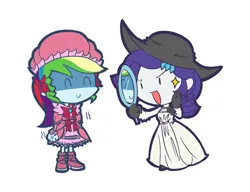 Size: 1300x1000 | Tagged: safe, artist:rvceric, derpibooru import, rainbow dash, rarity, human, equestria girls, g4, beady eyes, chibi, clenched fist, cross-popping veins, emanata, eyes closed, halloween, holiday, image, mirror, open mouth, open smile, png, rainbow dash always dresses in style, simple background, smiling, white background