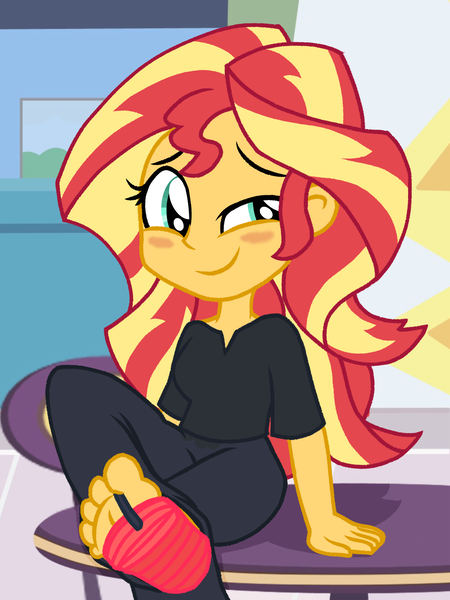 Size: 3024x4032 | Tagged: suggestive, derpibooru import, sunset shimmer, human, equestria girls, g4, background, blushing, canterlot mall, clothes, crossed legs, cute, feet, fetish, five toes, flip flops, foot fetish, foot focus, image, png, sandals, shimmerbetes, shoes, show accurate, sitting, solo, teasing, toes