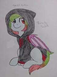 Size: 2720x3640 | Tagged: safe, artist:svarlet batfire, derpibooru import, oc, oc:precised note, undead, vampire, vampony, clothes, halloween, holiday, hoodie, image, jpeg, missing cutie mark, sitting, smiling, species swap, tail, traditional art, two toned mane, two toned tail, watermark