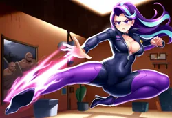 Size: 1216x832 | Tagged: safe, ai content, derpibooru import, machine learning generated, novelai, stable diffusion, starlight glimmer, human, equestria girls, g4, absolute cleavage, boots, breasts, catsuit, cleavage, clothes, female, high heel boots, high heels, image, kicking, martial arts, png, shoes, solo, solo female