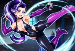 Size: 1216x832 | Tagged: suggestive, ai content, derpibooru import, machine learning generated, novelai, stable diffusion, starlight glimmer, human, equestria girls, g4, absolute cleavage, boots, breasts, catsuit, cleavage, clothes, female, high heel boots, high heels, image, kicking, martial arts, png, shoes, skintight clothes, solo, solo female