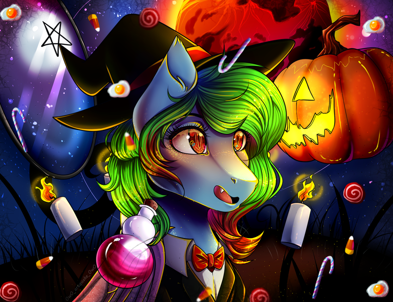 Size: 1300x1000 | Tagged: safe, artist:artquake1511, derpibooru import, oc, oc:precised note, undead, vampire, vampony, bowtie, bust, candle, candy, candy cane, candy corn, clothes, egg (food), eyelashes, fangs, food, halloween, happy, hat, holiday, image, lightly watermarked, lollipop, night, nightmare night, open mouth, png, potion, pumpkin, species swap, stars, tuxedo, two toned mane, watermark, wings, witch hat