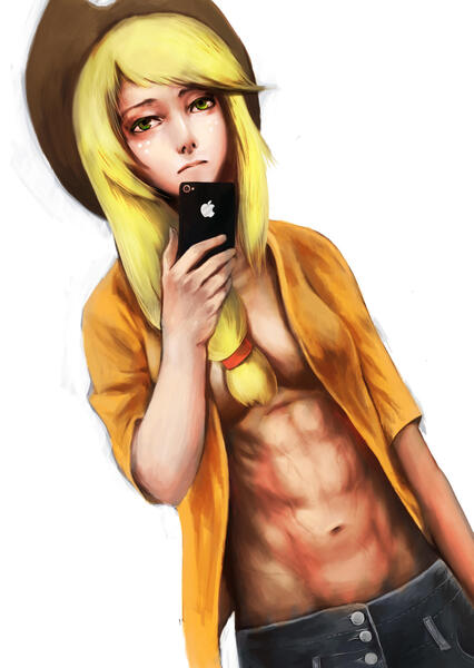 Size: 1447x2039 | Tagged: suggestive, artist:tiger-type, derpibooru import, applejack, human, g4, abs, breasts, clothes, female, humanized, image, iphone, jpeg, mobile phone, open clothes, open shirt, phone, selfie, smartphone, solo