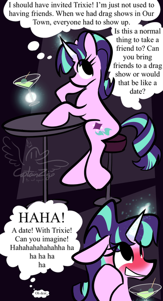 Size: 1109x2048 | Tagged: safe, artist:captainzigo, derpibooru import, part of a set, starlight glimmer, pony, unicorn, g4, 2 panel comic, alcohol, blushing, comic, drag show, female, floppy ears, grin, horn, image, implied lesbian, implied shipping, implied startrix, implied trixie, indoors, levitation, magic, mare, martini, martini glass, nervous, nervous grin, png, s5 starlight, sitting, smiling, solo, table, tail, telekinesis, thought bubble, watermark