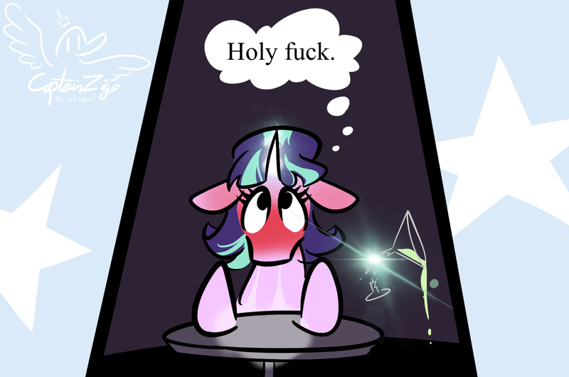 Size: 1563x1035 | Tagged: safe, artist:captainzigo, derpibooru import, starlight glimmer, trixie, pony, unicorn, g4, alcohol, blushing, blushing profusely, drag show, drink, female, floppy ears, flustered, framed by legs, glow, glowing horn, horn, image, in love, lesbian, levitation, looking up, magic, mare, martini, martini glass, png, s5 starlight, shipping, spill, spilled drink, startrix, telekinesis, thought bubble, vulgar