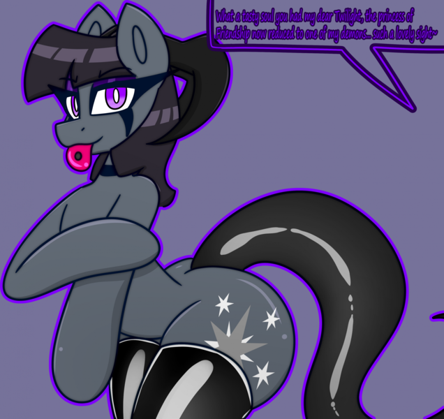 Size: 1976x1865 | Tagged: suggestive, artist:askhypnoswirl, derpibooru import, twilight sparkle, demon, demon pony, original species, clothes, commission, eyeshadow, female, image, implied transformation, latex, latex socks, makeup, piercing, png, shiny, socks, solo, solo female, soul eater, tongue out, tongue piercing