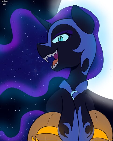 Size: 1652x2048 | Tagged: safe, artist:eltrash_art6, derpibooru import, nightmare moon, alicorn, pony, g4, fangs, female, full moon, halloween, helmet, holiday, hoof shoes, image, jack-o-lantern, jewelry, jpeg, mare, mlp fim's fourteenth anniversary, moon, nightmare night, open mouth, pumpkin, regalia, solo