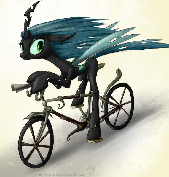 Size: 1457x1535 | Tagged: safe, artist:rule1of1coldfire, derpibooru import, queen chrysalis, changeling, changeling queen, pony, g4, bicycle, colored sketch, fangs, female, image, jpeg, mare, shading, sketch, solo, watermark