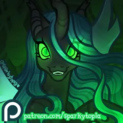 Size: 1200x1200 | Tagged: safe, artist:sparkytopia, derpibooru import, queen chrysalis, changeling, changeling queen, g4, advertisement, female, glow, glowing eyes, image, looking at you, patreon, patreon link, patreon preview, patreon reward, png, sharp teeth, signature, smiling, solo, teeth