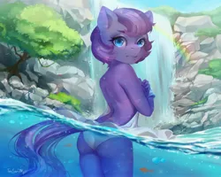 Size: 4096x3277 | Tagged: suggestive, artist:torisan, derpibooru import, oc, unofficial characters only, anthro, crystal pony, earth pony, breasts, clothes, covering, dress, female, high res, image, jpeg, legs in the water, looking back, panties, panty shot, partially submerged, rainbow, solo, solo female, underwear, water, waterfall