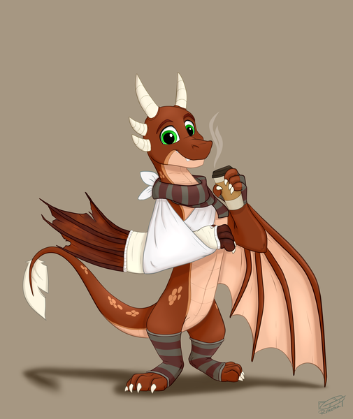 Size: 1800x2137 | Tagged: safe, artist:rutkotka, derpibooru import, oc, oc:ash, dragon, wyvern, bandage, broken bone, broken wing, brown background, cast, claws, clothes, coffee, colored wings, commission, dragon oc, dragonified, gloves, image, injured, leg warmers, non-pony oc, nonbinary, png, scarf, simple background, sling, smiling, species swap, tail, wings