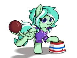 Size: 4000x3000 | Tagged: safe, artist:aaathebap, derpibooru import, oc, unofficial characters only, pegasus, pony, ball, basket, buckball, buckball uniform, buckbasket, bushel basket, female, filly, foal, image, looking at you, pigtails, png, ponytail, smug, solo, spread wings, wing hold, wings