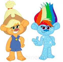 Size: 532x523 | Tagged: safe, artist:tealbull81, derpibooru import, part of a set, applejack, rainbow dash, equestria girls, g4, applejack's hat, barefoot, clothes, cowboy hat, crossover, duo, duo female, feet, female, glitter troll, hat, image, jpeg, overalls, simple background, species swap, toes, troll (fantasy), trollified, trolls, white background