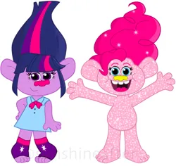 Size: 551x520 | Tagged: safe, artist:tealbull81, derpibooru import, part of a set, pinkie pie, twilight sparkle, equestria girls, g4, clothes, crossover, dress, duo, duo female, female, glitter troll, image, jpeg, smiling, species swap, troll (fantasy), trollified, trolls