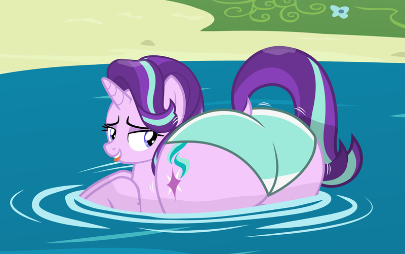 Size: 4600x2878 | Tagged: suggestive, alternate version, artist:duskyzombie, derpibooru import, part of a set, starlight glimmer, pony, unicorn, g4, bedroom eyes, butt, female, glimmer glutes, horn, image, large butt, lidded eyes, looking back, mare, plot, png, presenting, solo, swimming, the ass was fat, tongue out, water, wet