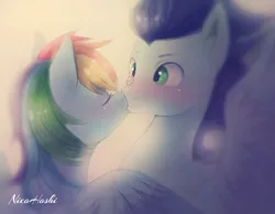 Size: 1860x1443 | Tagged: safe, artist:nicohoshi, derpibooru import, rainbow dash, soarin', pegasus, pony, g4, blushing, boop, cute, dashabetes, female, image, jpeg, kiss on the lips, kissing, male, mare, noseboop, shipping, soarinbetes, soarindash, spread wings, stallion, straight, wings