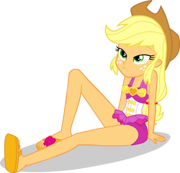 Size: 1444x1390 | Tagged: safe, alternate version, artist:dustinwatsongkx, derpibooru import, applejack, human, equestria girls, g4, applejack's hat, bare shoulders, clothes, clothes swap, cowboy hat, female, freckles, hat, image, pinkie pie swimsuit, png, simple background, sleeveless, solo, swimsuit, swimsuit swap, transparent background