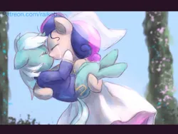 Size: 1024x768 | Tagged: safe, artist:raikoh, derpibooru import, bon bon, lyra heartstrings, sweetie drops, earth pony, pony, unicorn, g4, the last problem, clothes, crying, dress, duo, female, happy birthday mlp:fim, horn, image, jpeg, kiss on the lips, kissing, lesbian, lyrabon, mare, mlp fim's ninth anniversary, shipping, tears of joy, tuxedo, wedding dress