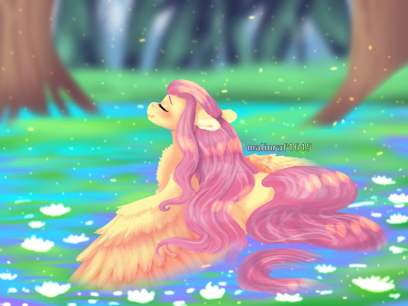 Size: 1024x768 | Tagged: safe, artist:malinraf1615, derpibooru import, fluttershy, pegasus, pony, g4, alternate hairstyle, beautiful, blushing, chest fluff, cute, eyes closed, female, grass, image, leaf, lilypad, mare, png, river, shyabetes, solo, tree, water