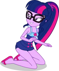 Size: 3125x3727 | Tagged: safe, alternate version, artist:dustinwatsongkx, derpibooru import, sci-twi, twilight sparkle, human, equestria girls, equestria girls series, g4, x marks the spot, bare shoulders, clothes, equestria girls specials, female, glasses, high res, image, kneeling, my little pony equestria girls: better together, my little pony equestria girls: forgotten friendship, one-piece swimsuit, png, sandals, sci-twi swimsuit, simple background, sleeveless, solo, swimsuit, transparent background, vector