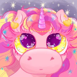 Size: 7087x7087 | Tagged: safe, artist:melassa, derpibooru import, oc, oc:melassa, alicorn, big eyelashes, big eyes, bust, close-up, closed mouth, detailed, eyelashes, gasoline stains, gold, heart, heart eyes, horn, image, jewelry, png, portrait, profile picture, sparkles, three toned mane, wingding eyes, yellow eyes