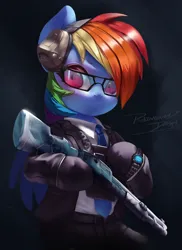 Size: 800x1101 | Tagged: safe, artist:theprince, derpibooru import, rainbow dash, pegasus, pony, g4, bipedal, clothes, cosplay, costume, crossover, female, glasses, gloves, gun, headphones, image, mare, necktie, pants, png, rainbow six, rainbow six siege, shirt, shotgun, solo, suit, warden, watch, weapon, wristwatch