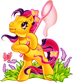 Size: 250x282 | Tagged: safe, derpibooru import, scootaloo (g3), butterfly, earth pony, insect, pony, g3, bipedal, butterfly net, cute, dexterous hooves, female, flower, g3 cutealoo, grass, hoof heart, image, jpeg, mare, net, open mouth, open smile, plant, simple background, smiling, solo, underhoof, white background, wisteria