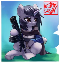 Size: 900x941 | Tagged: safe, artist:theprince, derpibooru import, oc, oc:machine storm, unofficial characters only, pony, unicorn, frog (hoof), gun, horn, image, png, smiling, solo, underhoof, unicorn oc, weapon