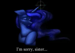 Size: 1992x1410 | Tagged: safe, artist:darklight1315, derpibooru import, princess luna, alicorn, pony, g4, black background, crying, dark, eyes closed, female, hoof on hoof, horn, image, lying, mare, mlp fim's fourteenth anniversary, png, simple background, solo