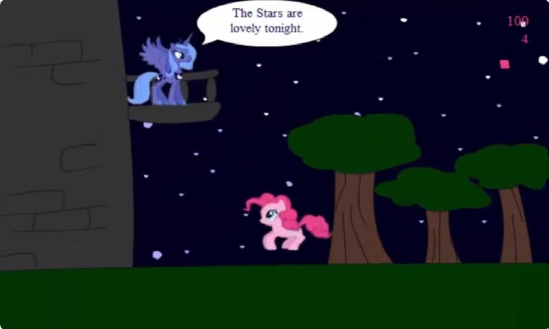 Size: 1250x750 | Tagged: safe, derpibooru import, pinkie pie, princess luna, alicorn, earth pony, g4, collect cupcakes lick ponies, dialogue, female, flash game, image, jpeg, night, stars, tree, youtube link