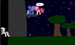 Size: 1250x750 | Tagged: safe, derpibooru import, derpy hooves, pinkie pie, princess luna, alicorn, earth pony, pegasus, g4, blushing, collect cupcakes lick ponies, dialogue, female, image, jpeg, lesbian, night, ship:lunapie, shipping, stars, tree