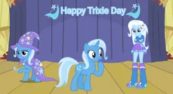 Size: 792x432 | Tagged: safe, artist:lizzmcclin, derpibooru import, trixie, human, unicorn, equestria girls, g4, clothes, female, hoodie, horn, image, png, shirt, skirt, solo, trixie day, trixie wearing her boots